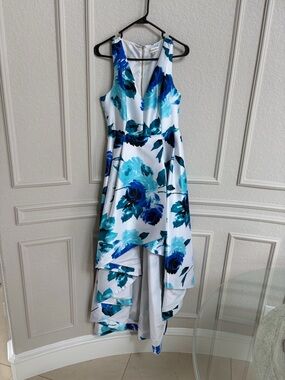 Calvin Klein White Dress with Blue Floral High-Low Hem